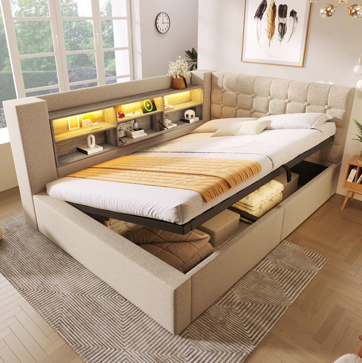 POLSTERBETT 140/200 cm Beige mit LED-Beleuchtung und Stauraum - Beige, Textil (140/200cm) - Flora Grace