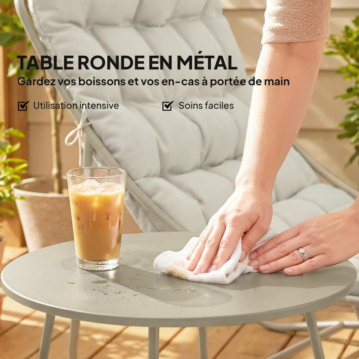 BALKONSET 3-teilig DE-14215 mit Textilene-Bezug und Kissen Hellgrau - Hellgrau, Metall - ComfortXL