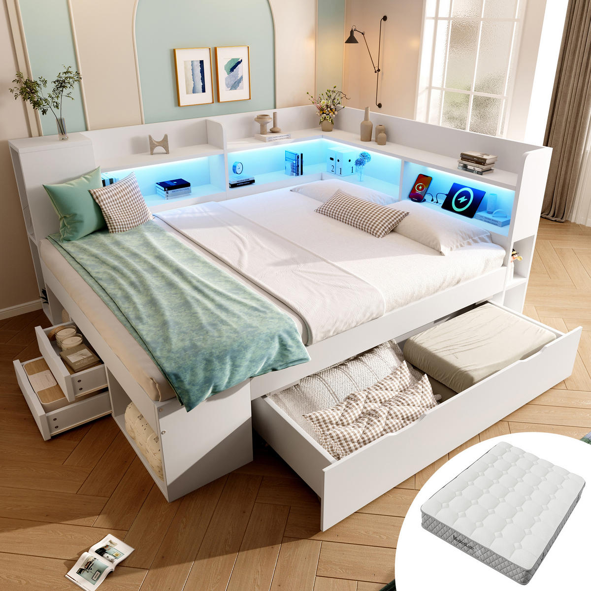 STAURAUMBETT 140/200 cm DE-01112, in Weiß, mit LED, Schubladen und Matratze - Weiß, Holz (140/200cm) - ComfortXL