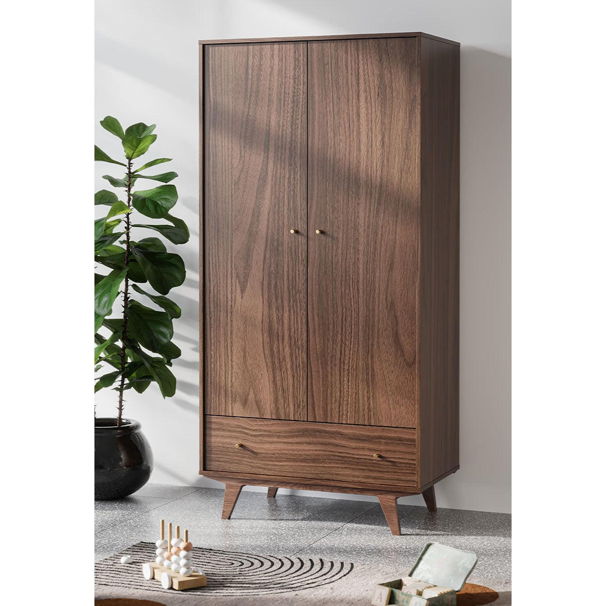 KLEIDERSCHRANK 2 Türen 1 Schublade Mid - H185 cm - Nussbaumfarben, Holzwerkstoff (50/185/90cm) - Calicosy