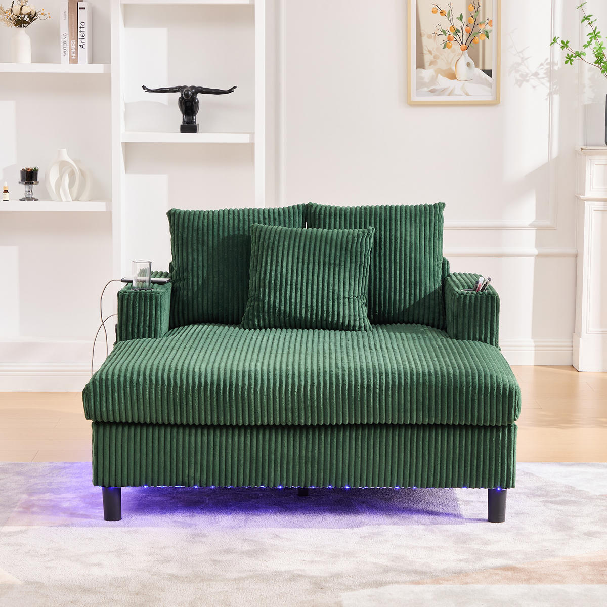 CHAISELONGUE 2-Sitzer Cord Smaragd mit LED, USB und Getränkehaltern - Jadegrün, Holzwerkstoff/Kunststoff (128/85/142cm) - WISHDOR