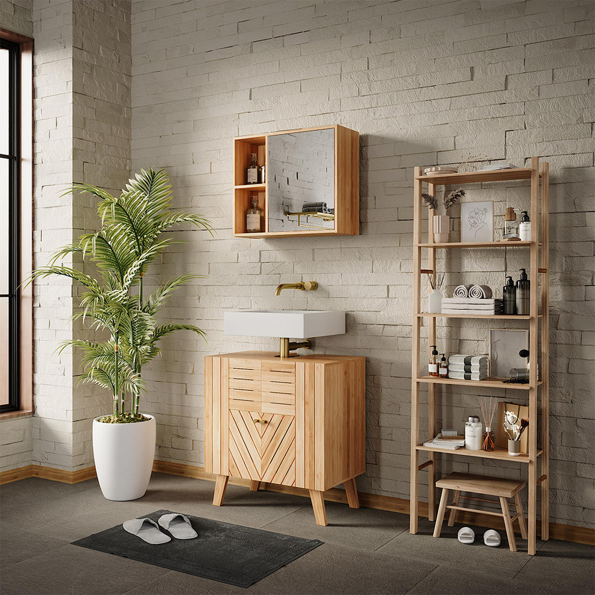 BADSPIEGELSCHRANK Lucie Bambus 54 x 44.5 cm mit Spiegel - Braun, Holzwerkstoff (54/44.5/20cm) - Vicco