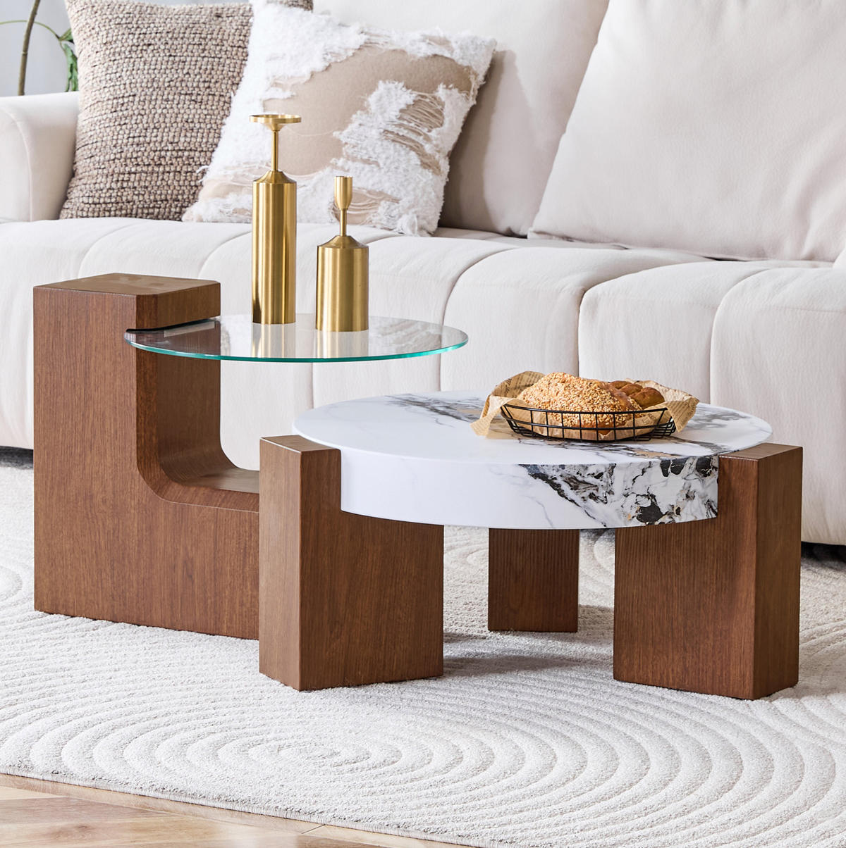 COUCHTISCH 2er-Set rund Glas MDF in Nussbaumoptik Weiß - Weiß, Glas (61/61/30cm) - Meubliv