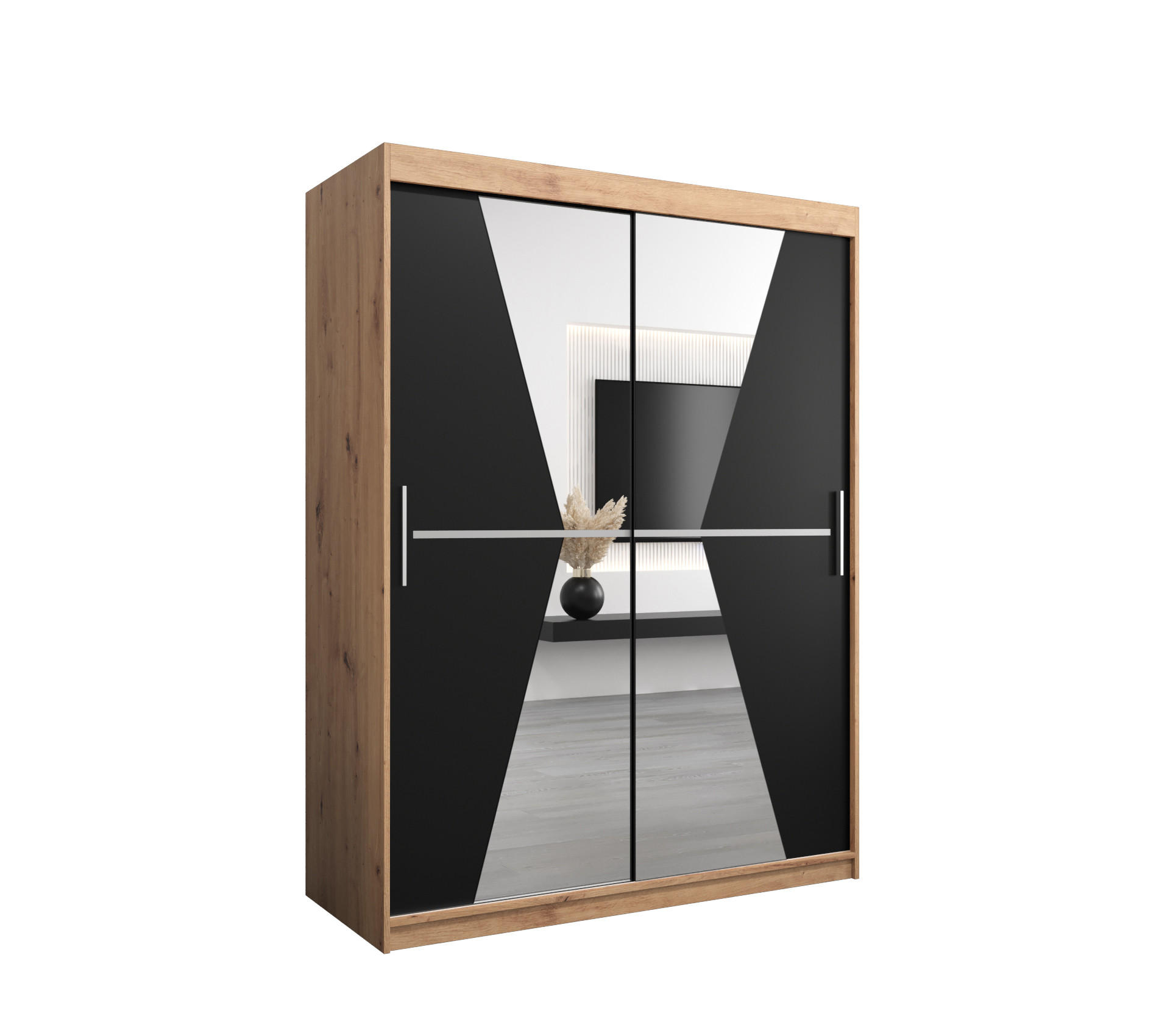 Abiks Möbel Schwebetürenschrank Eiche Artisan, Schwarz 150x200x62 cm