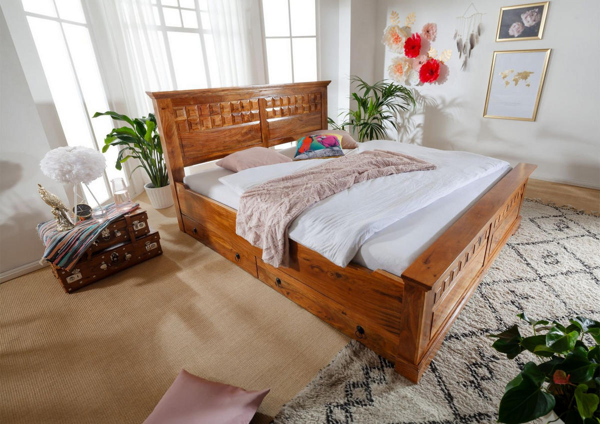 BETT Massivholz Akazie 200 x 200 x 114 hellbraun OXFORD #0311 - Braun, Holz (200/200cm) - Massivmoebel24