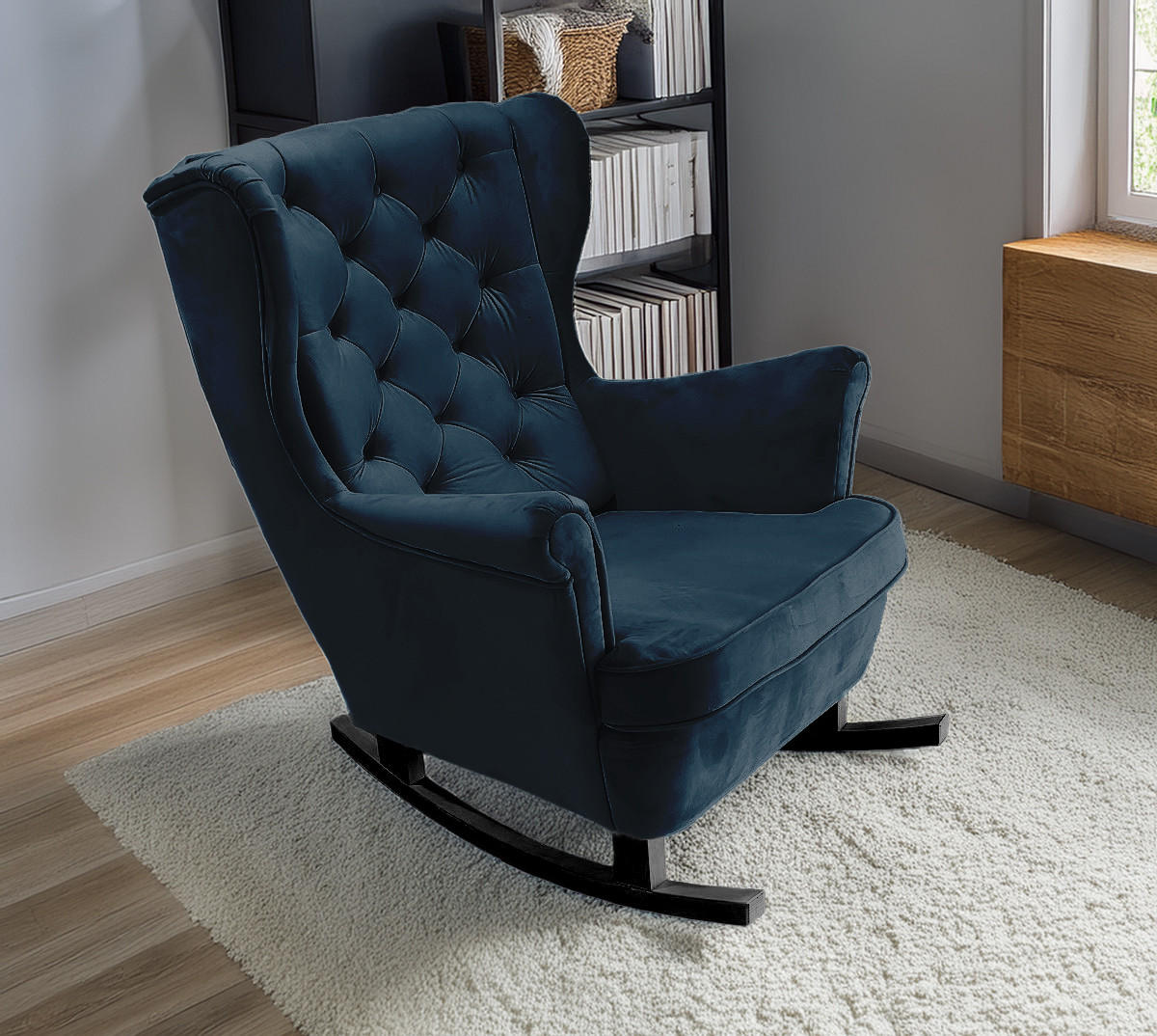 SCHAUKELSESSEL mit gepolstertem Sitz und Armlehnen, 102x81x95 cm, Marineblau_29865 - Blau/Schwarz, Holz/Textil (81/102/95cm) - DomoHome