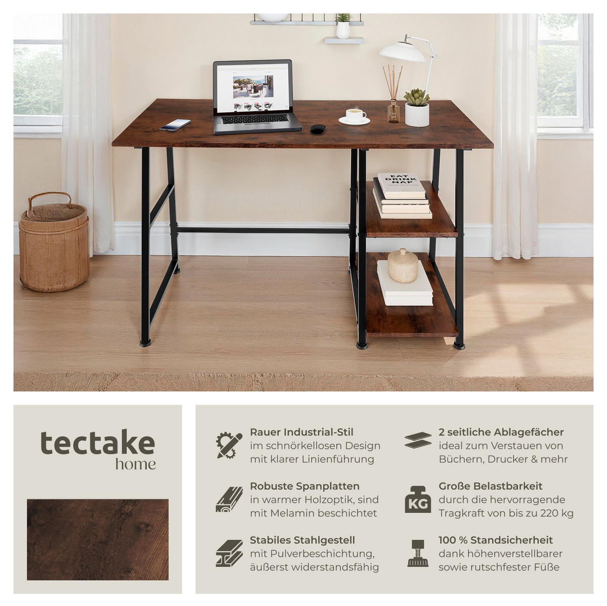 SCHREIBTISCH Paisley,120 x 50 x 73,5 cm,Industrial Holz dunkel, rustikal - Rostfarben, Holzwerkstoff (120/50/73.5cm) - tectake