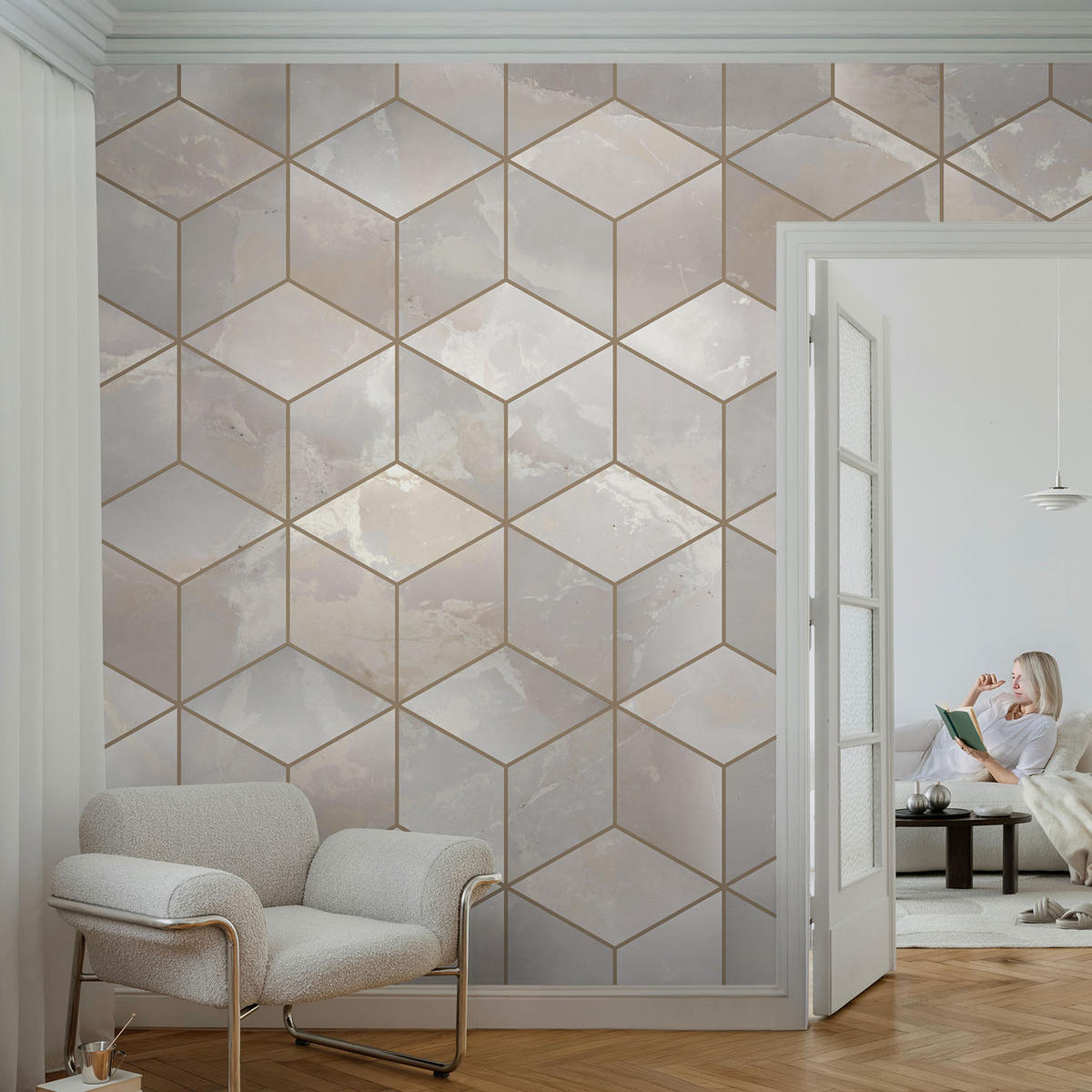 FOTOTAPETE 104x70 cm - Geometrisches Mosaik - Grau, Textil (104/70cm) - Wallfluent