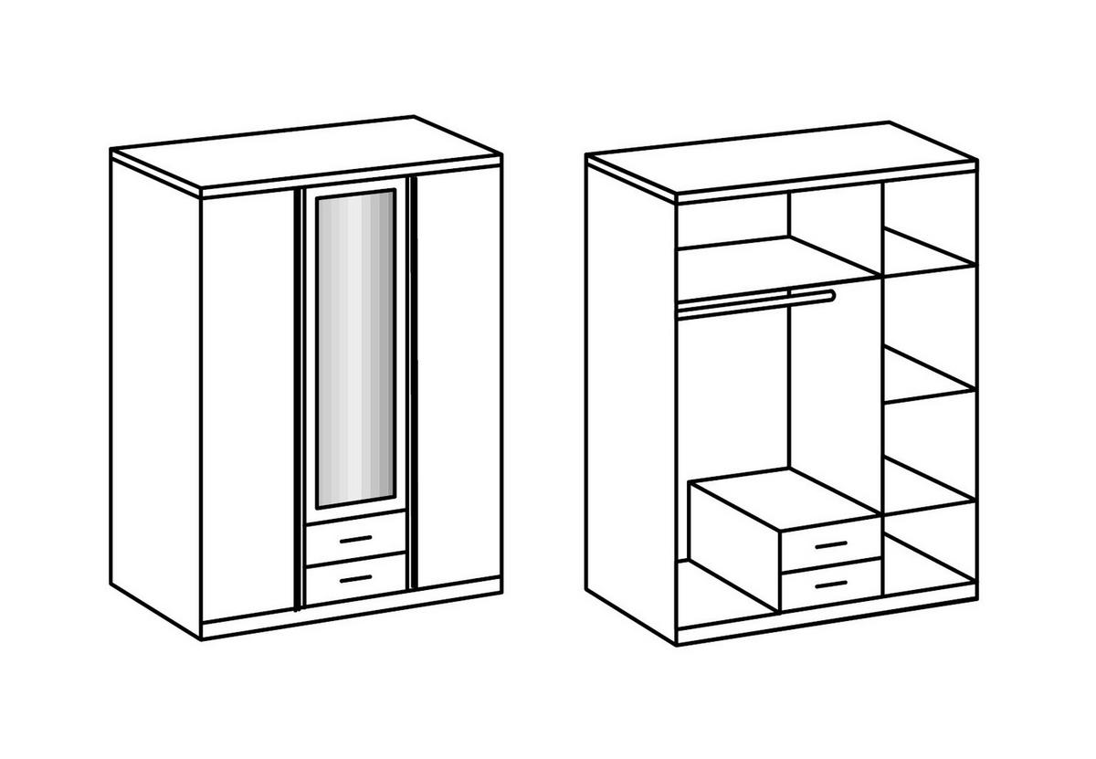 KLEIDERSCHRANK Greven in Hochglanz Lack Weiß mit Eiche Sägerau 135x199x58 cm (BxHxT) – Drehtürenschrank 3-türig mit Spiegeltür & Schubkästen - Weiß/Braun, Holzwerkstoff (120/200/80cm)