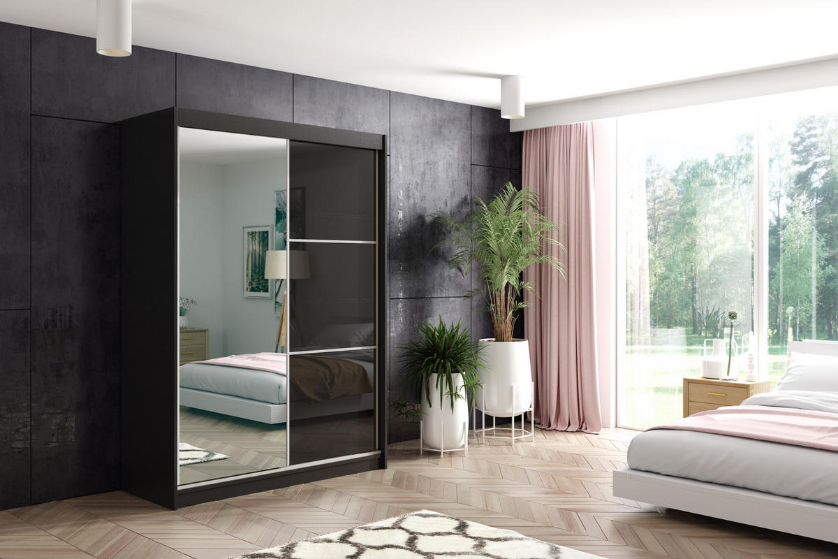 KLEIDERSCHRANK mit Spiegel-Schiebetüren und Aluminium-Leisten - VIVONA - 120 cm Schwarz - Schwarz, Holzwerkstoff (120/216/61cm) - ALTDECOR