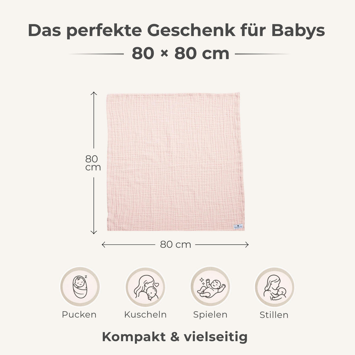 MUSSELINDECKE Babydecke Musselin Einschlagdecke Puckdecke Atmungsaktiv - Rosa, Textil (80/80cm) - nordic coast company