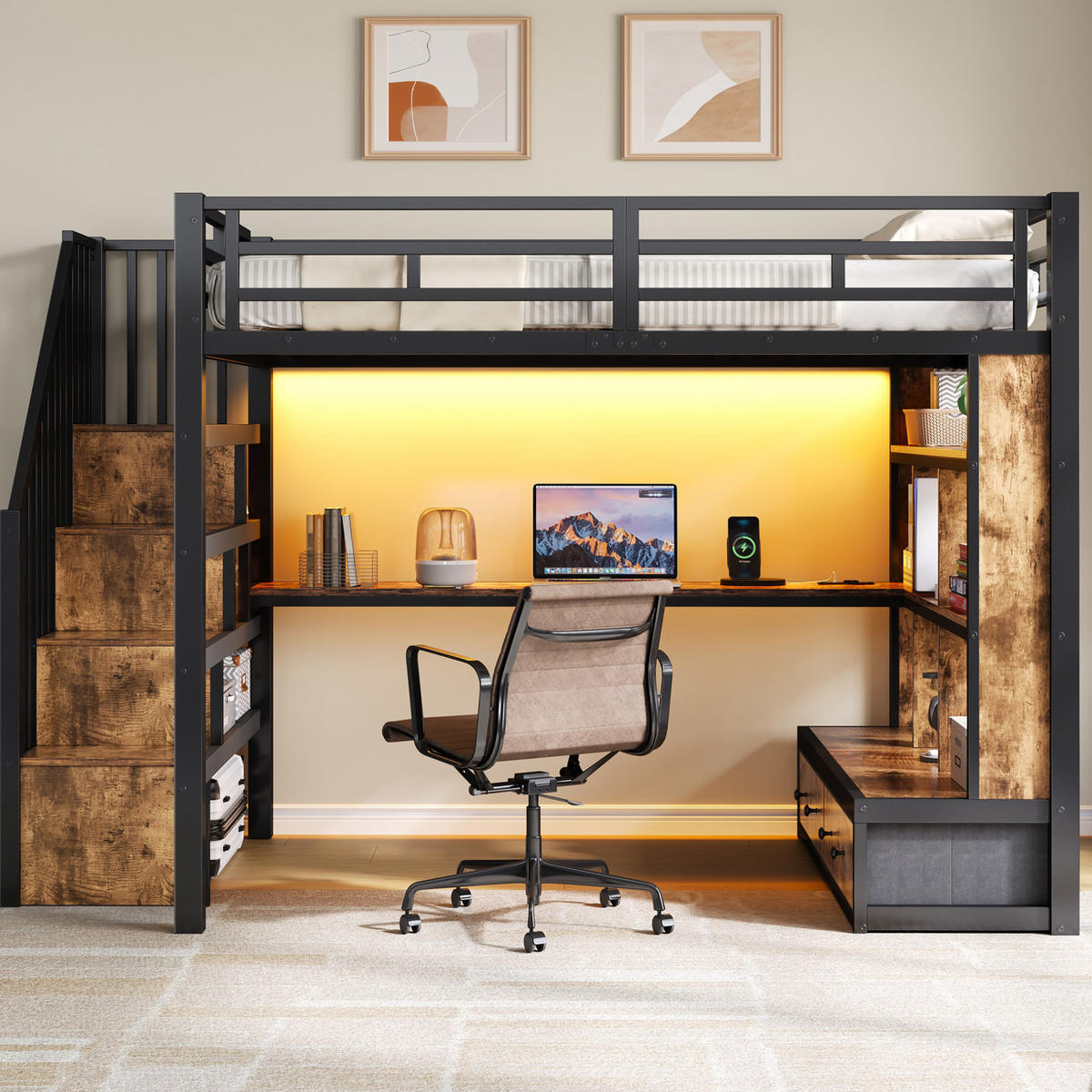 HOCHBETT aus MDF und Metall 140x200 cm Schwarz mit Schreibtisch, Regalen, Stauraumtreppe, LED und Schubladen - Schwarz, Holzwerkstoff (140/200cm) - Modfu
