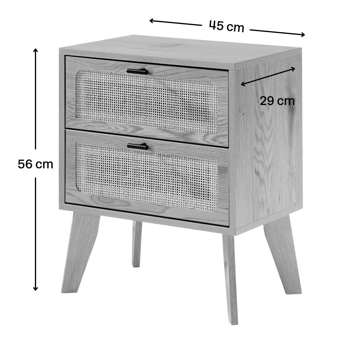 NACHTTISCH mit 2 schubladenrattanfronten und holzdekorbeinen alia 45/29/56 cm - Eschefarben, Holzwerkstoff (45/56/29cm) - Calicosy