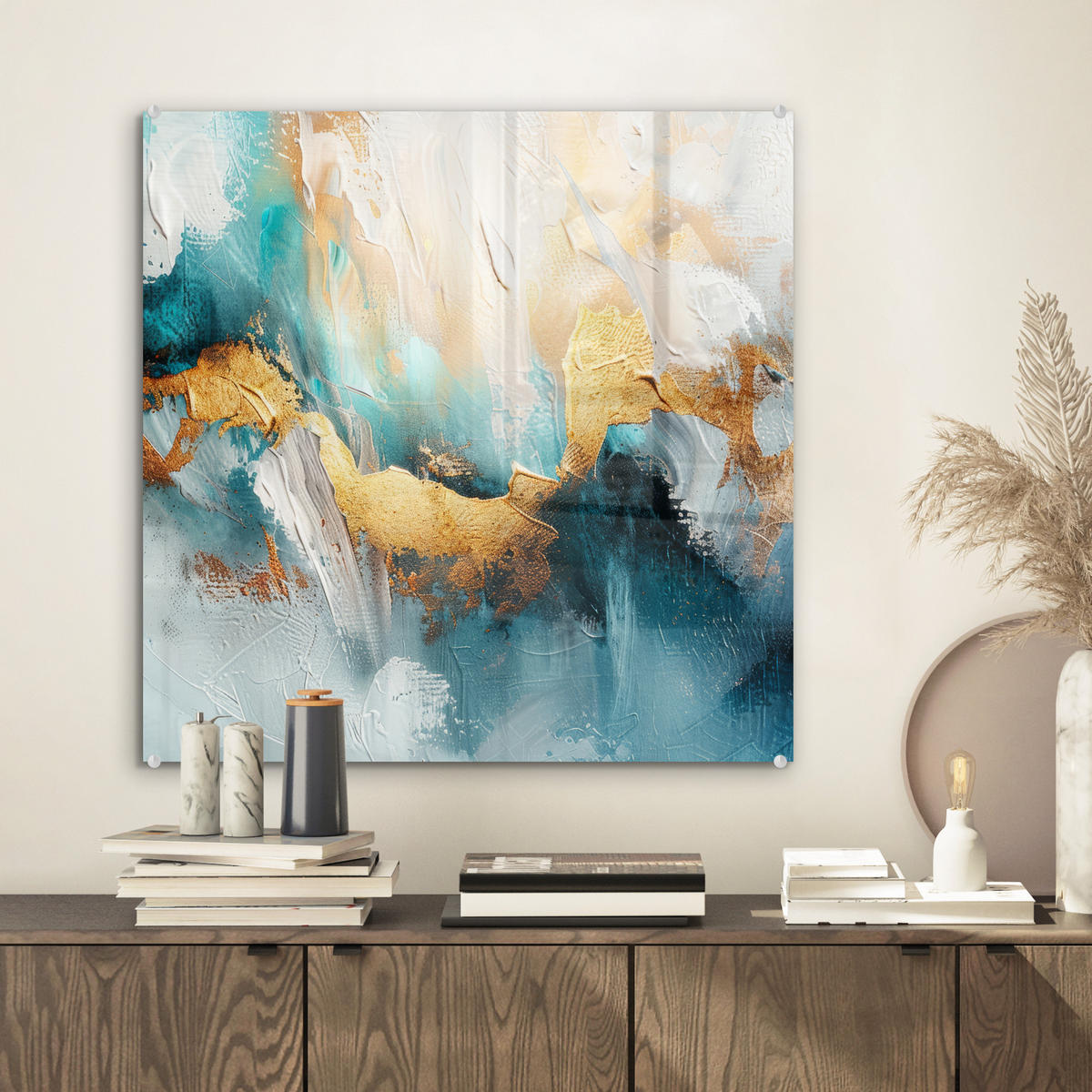 OBRAZ NA AKRYLOVOM SKLE Abstraktné - umenie - zlaté - modré 50x50 cm - petrolejová, sklo (50/50cm) - MuchoWow