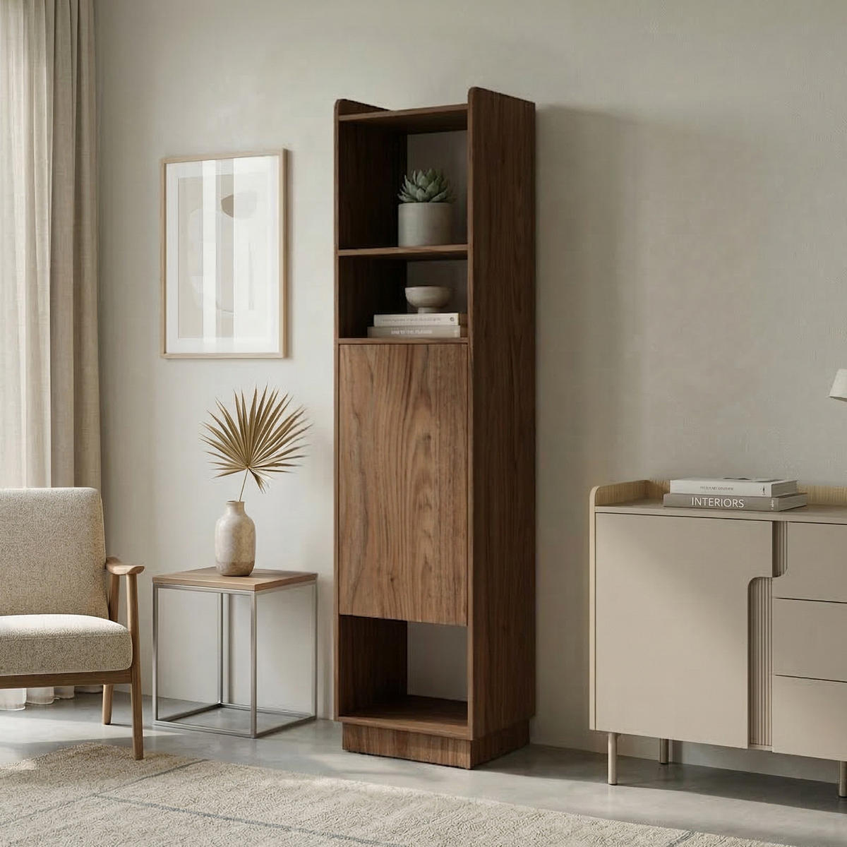 BÜCHERREGAL Positivo mit 1 Tür, 45 cm, Alba-Nuss + Kaschmir - Nussbaumfarben, Holzwerkstoff (45/195/42cm) - Beautysofa
