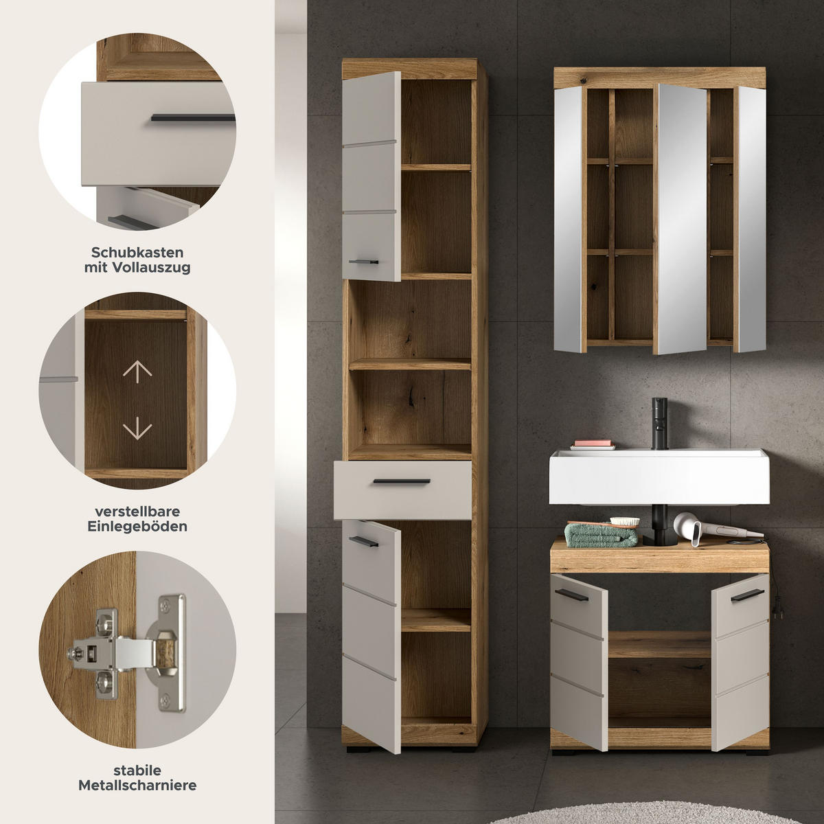 BAD-SET SCOUT 3-tlg. (B/H/T: ca. 112/191/34 cm) in Evoak Oak Nachbildung/- - Eichefarben, Holz (112/191/34cm)