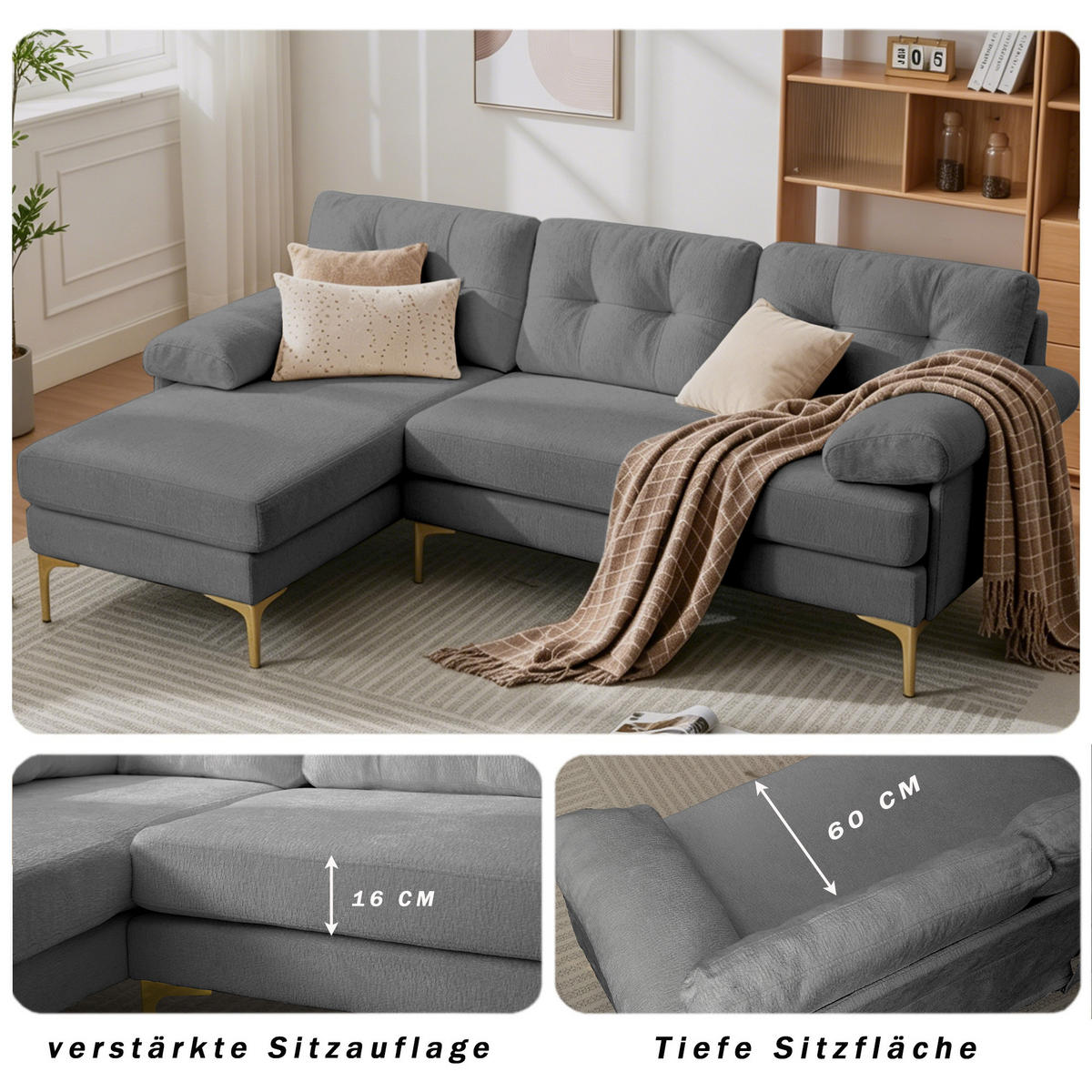 ECKSOFA 187.5/130/79 cm Grau mit 3 Sitzkissen und Stuhlbeine aus Metall - Grau, Textil (130/79/187.5cm) - Oxeza