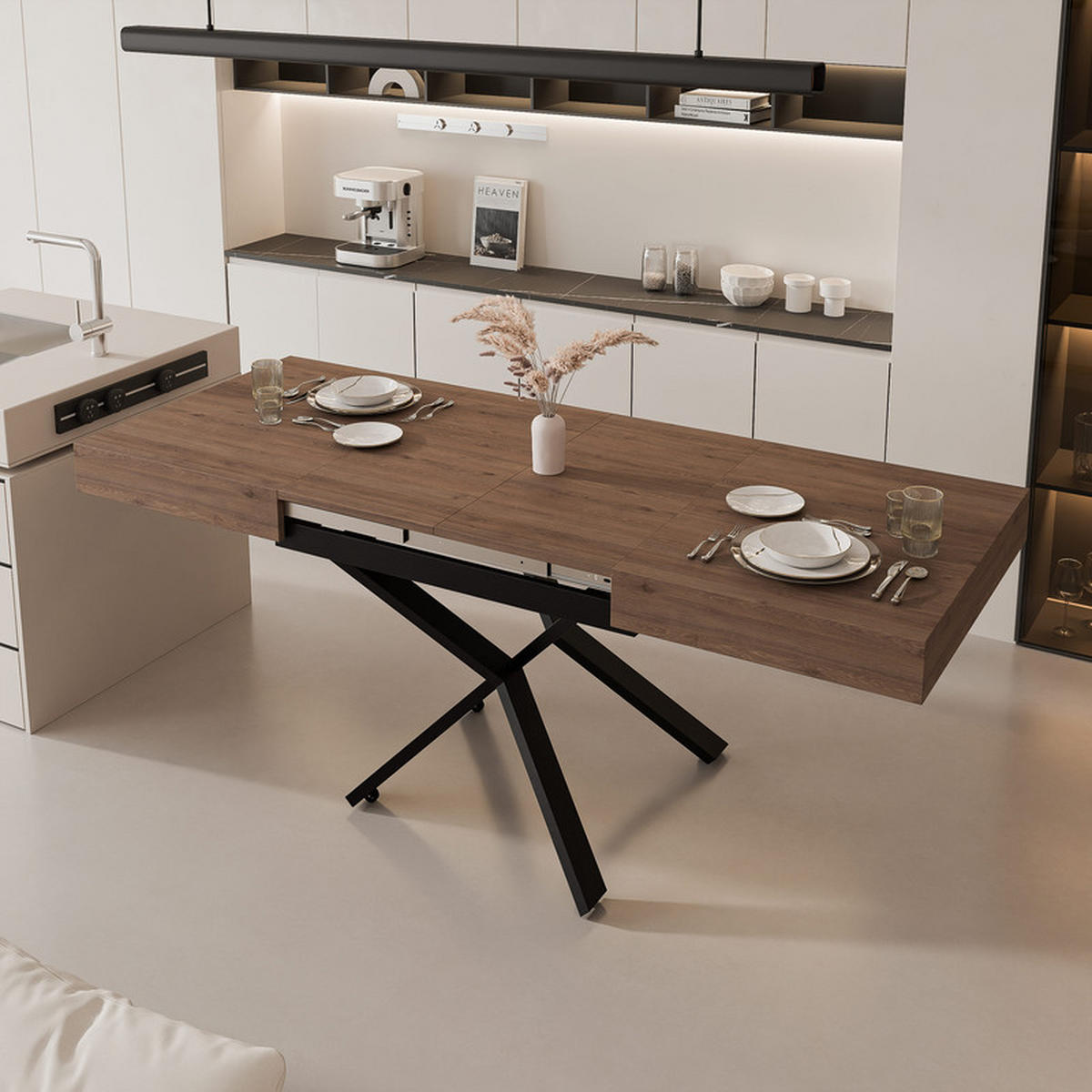 COUCHTISCH SANELLE X ausziehbar mit Liftfunktion, 120/80/76 cm Schwarz/Trüffel-Eiche - Trüffeleichefarben/Schwarz, Holzwerkstoff/Metall (120/80/27cm) - Idohome