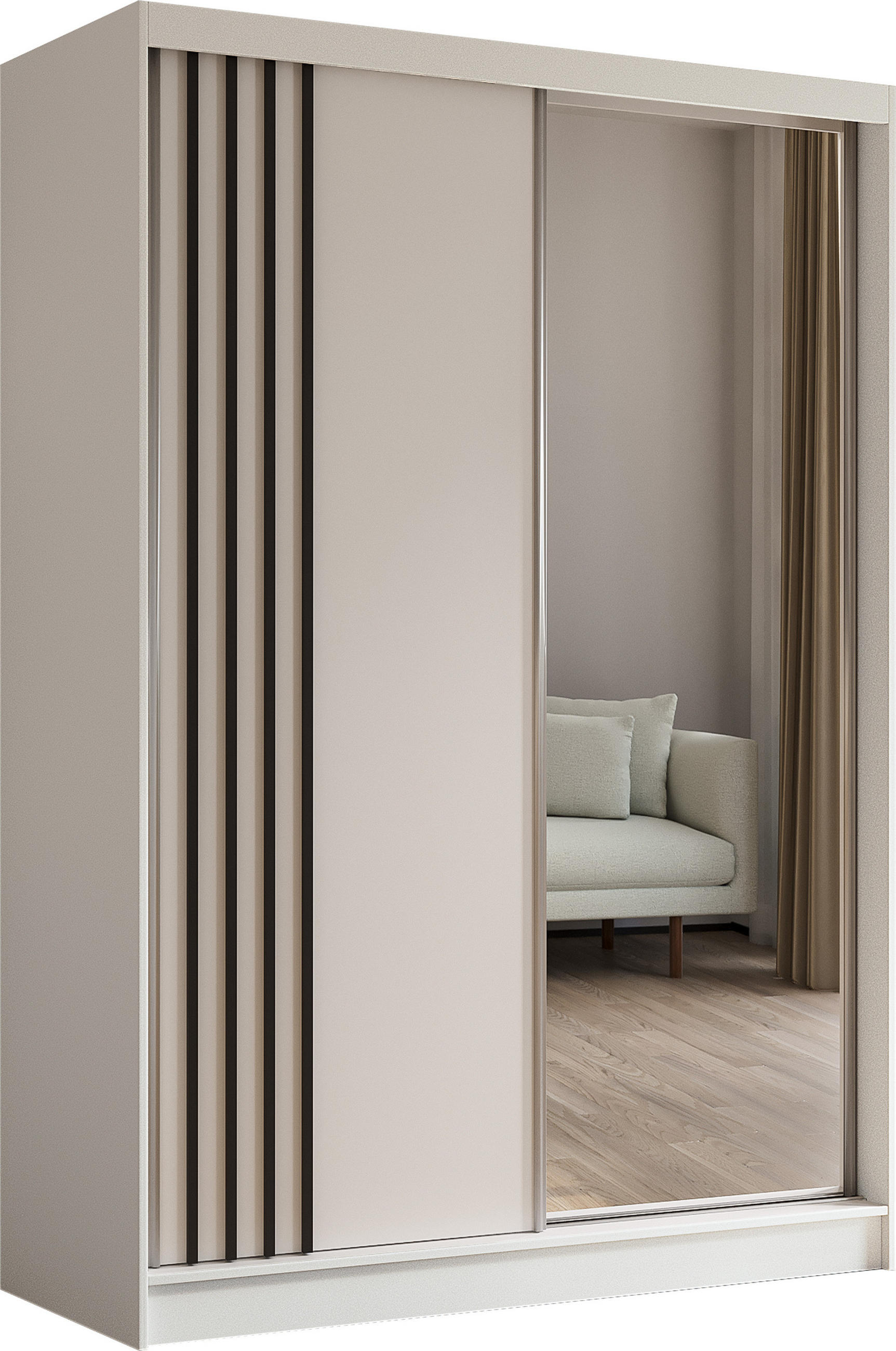 SCHWEBETÜRENSCHRANK Neli 150 cm mit Lamellen und Spiegel 2-türig, weiß, weiß, Lamelle schwarz - Schwarz/Weiß, Kunststoff (150/216/61cm) - Margaret Hadas24