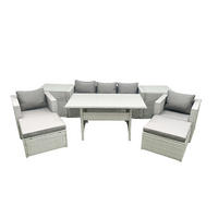 GARTENMÖBEL SET mit Sofa,2 Großer Hockern,2 Beistelltischen Polyrattan Hellgrau 7-Sitzer - Hellgrau/Grau, Glas/Kunststoff - Fimous