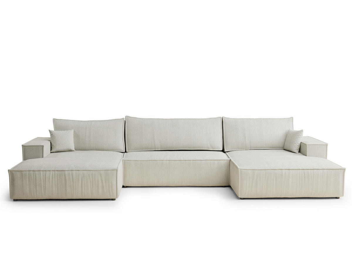 WOHNLANDSCHAFT Kyoto Creme Samtstoff - Creme/Schwarz, Holz/Holzwerkstoff (398/70/148cm) - Maison de Reve