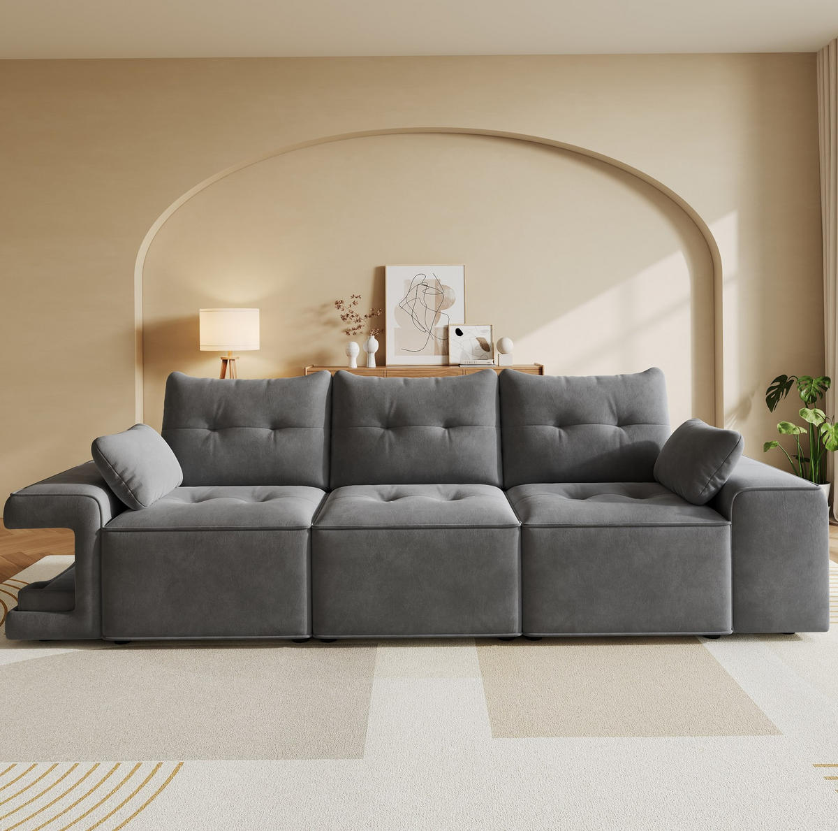 3-SITZER-SOFA 229,5/78/84 cm mit Stauraum, Haustiernischen und breiten Armlehnen, Samt, Grau - Grau, Textil (229.5/84/78cm) - Redom
