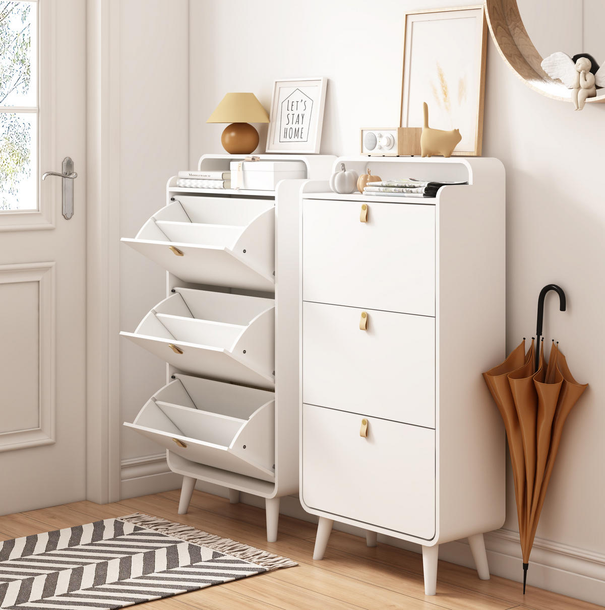 SCHUHSCHRANK aus MDF & Melamin in Weiß mit 3 Klapptüren - Weiß, Holzwerkstoff (63/133.7/29.5cm) - Modfu