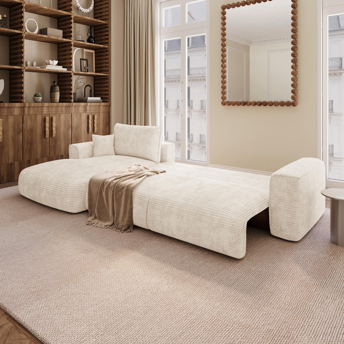 LINKSECK-SCHLAFSOFA mit Stauraum COMO Cord Creme 297cm - Creme, Textil (297/167cm) - Premium Interiors