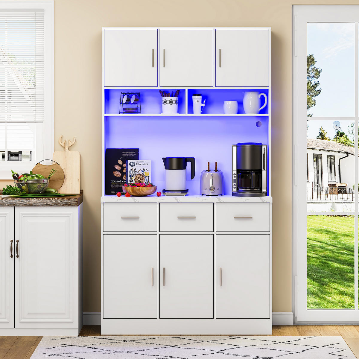 KÜCHENBUFFET in Weiß Küchenschrank mit LED-Beleuchtung und Schubladen für Küchen und Esszimmer, B100/T40/H180 cm - Weiß, Holzwerkstoff (100/180/40cm) - STILVORA