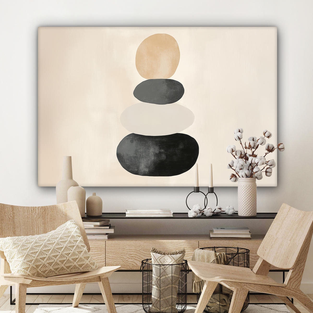 LEINWANDBILD Japandi - Wabi sabi - Beige Wohnzimmer 120x80 cm - Taupe, Textil (120/80cm) - MuchoWow
