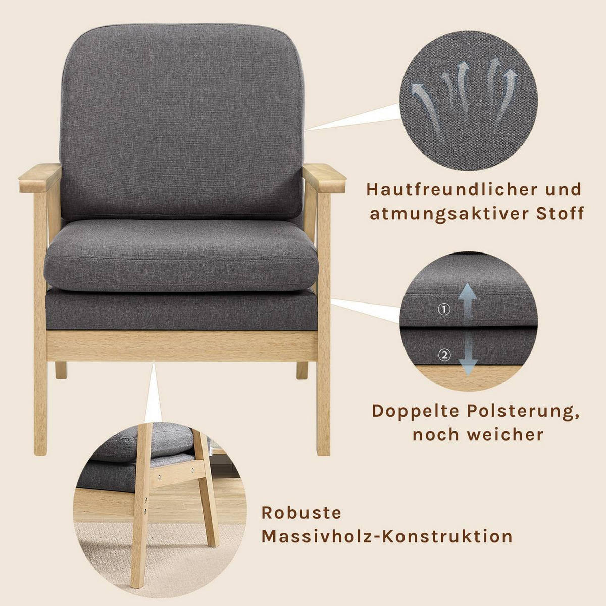 SESSEL Einzelsofa, aus Leinen Massivholz, Dunkelgrau - Eukalyptusholzfarben/Dunkelgrau, Holz/Textil (64/81.5/66.5cm) - Woltu