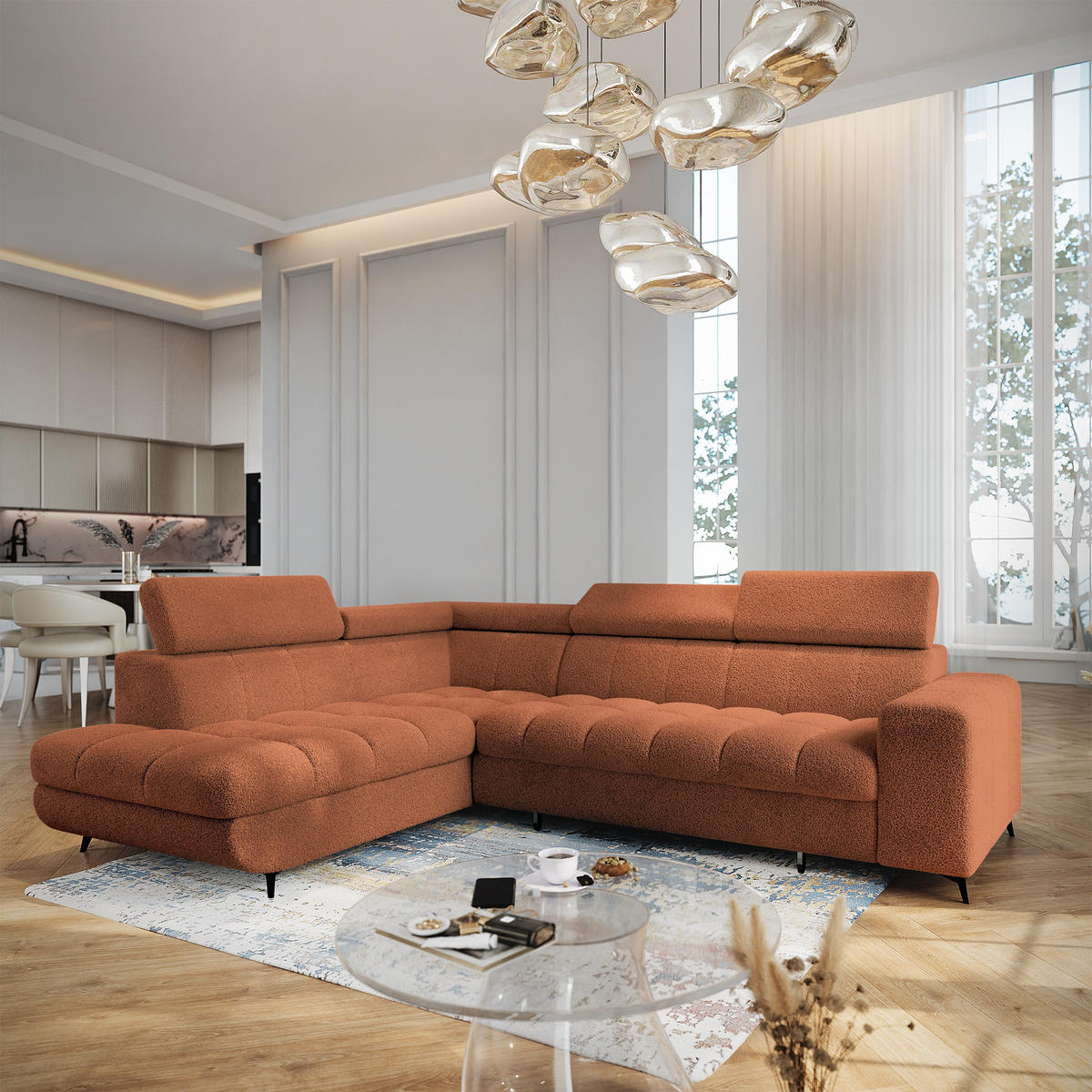 ECKSOFA MORIVA Q L-S Orange Boucle-Stoff mit Schlaffunktion - Orange, Holzwerkstoff/Textil (253/190cm) - MASSENO