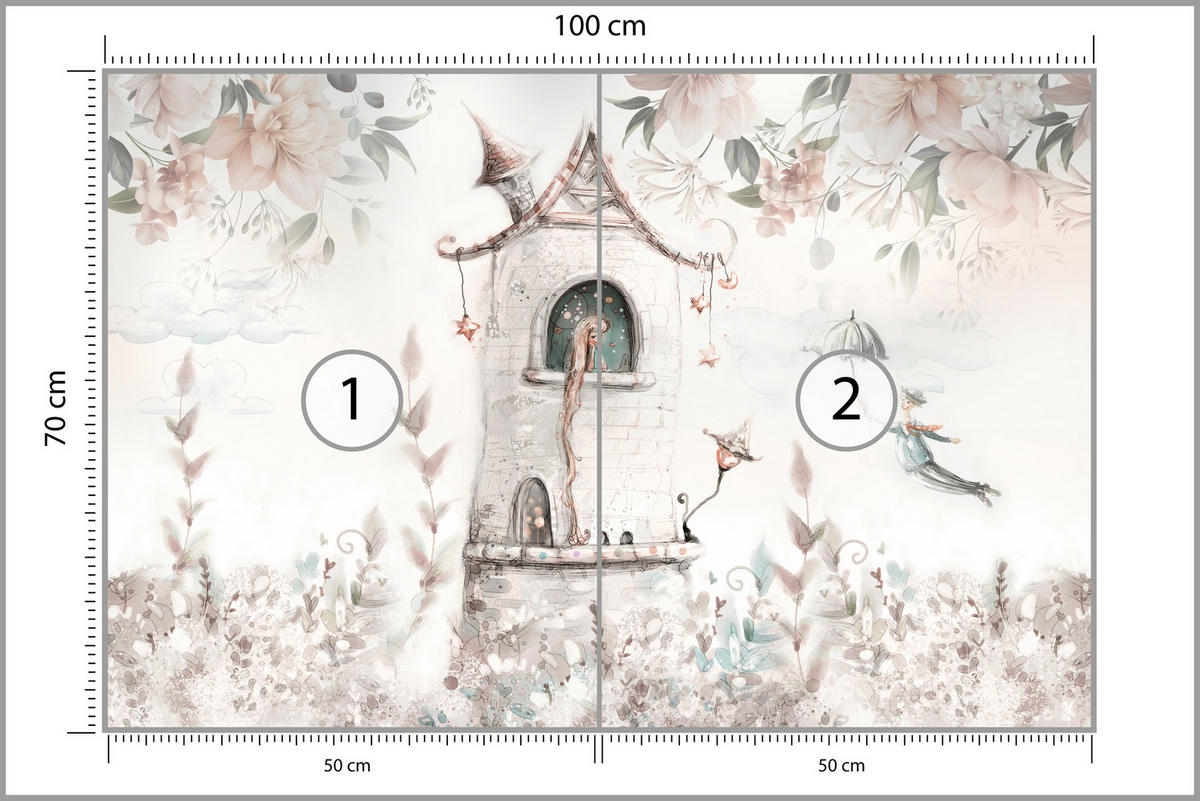FOTOTAPETE für Kinderzimmer Prinzessin Turm Blumen Pflanzen 100x70 - Multicolor, Papier (100/70cm) - Muralo