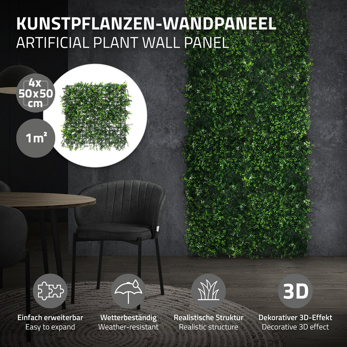 UMĚLÉ rostliny, nástěnný panel, sada 4 ks, Pachysandra 50x50 cm, zelená, z plastu - zelená barva, plast (50/50/8cm) - ECD-Germany