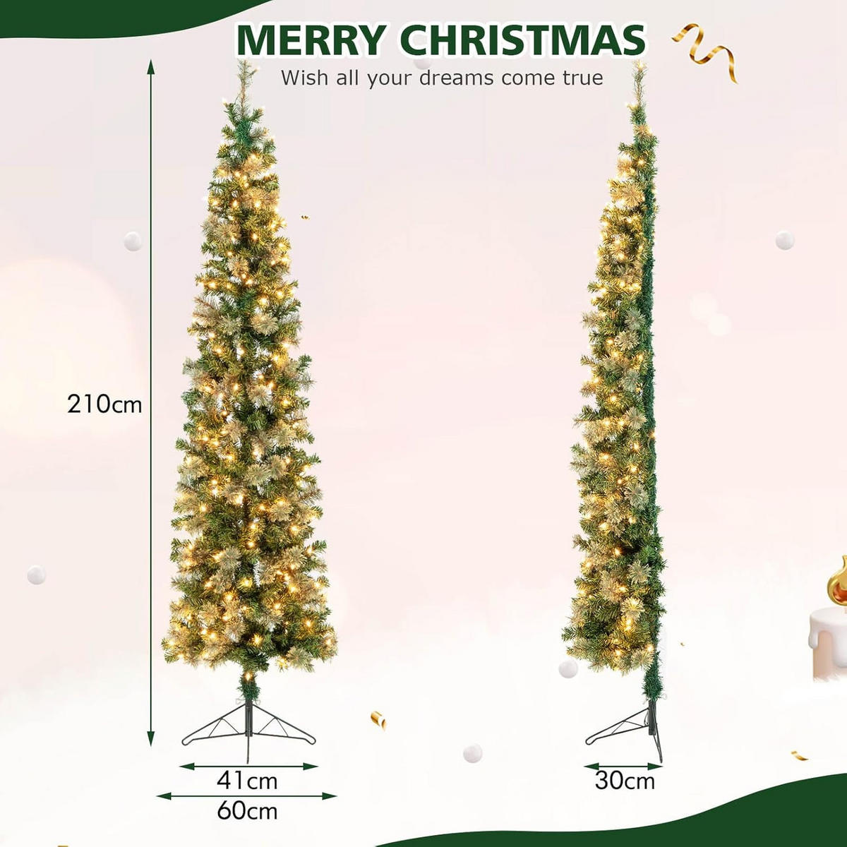 WEIHNACHTSBAUM Halb-Baum 210 cm 150 LED Grün - Grün, Kunststoff (210cm) - COSTWAY
