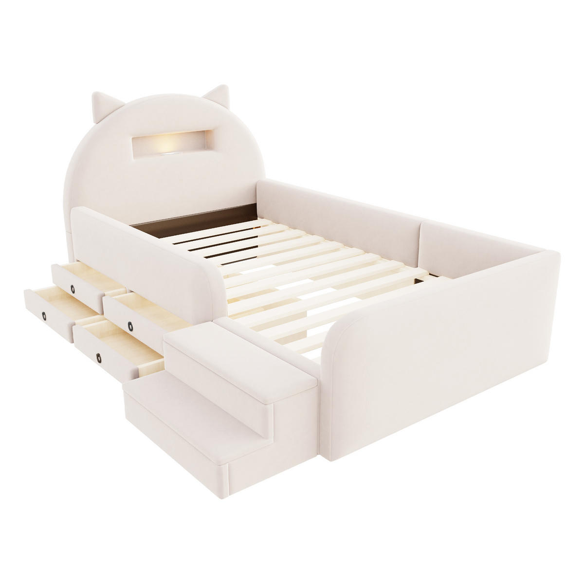 KINDERBETT 90/200 cm in Beige mit 4 Schubladen, USB und Nachtlicht Samt - Beige, Holzwerkstoff/Textil (90/200cm) - STILVORA