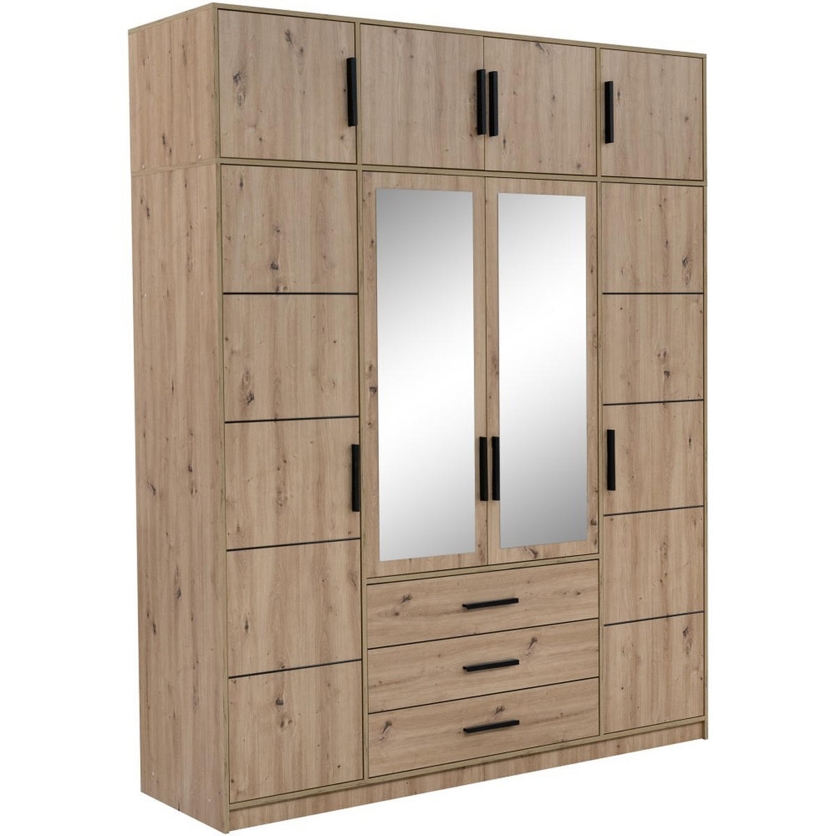 DREHTÜRENSCHRANK Kavo mit Aufsatz, Spiegel und 4 Türen, eiche Sonoma - Schwarz/Sonoma Eiche, Holzwerkstoff (200/245/58cm) - Beautysofa