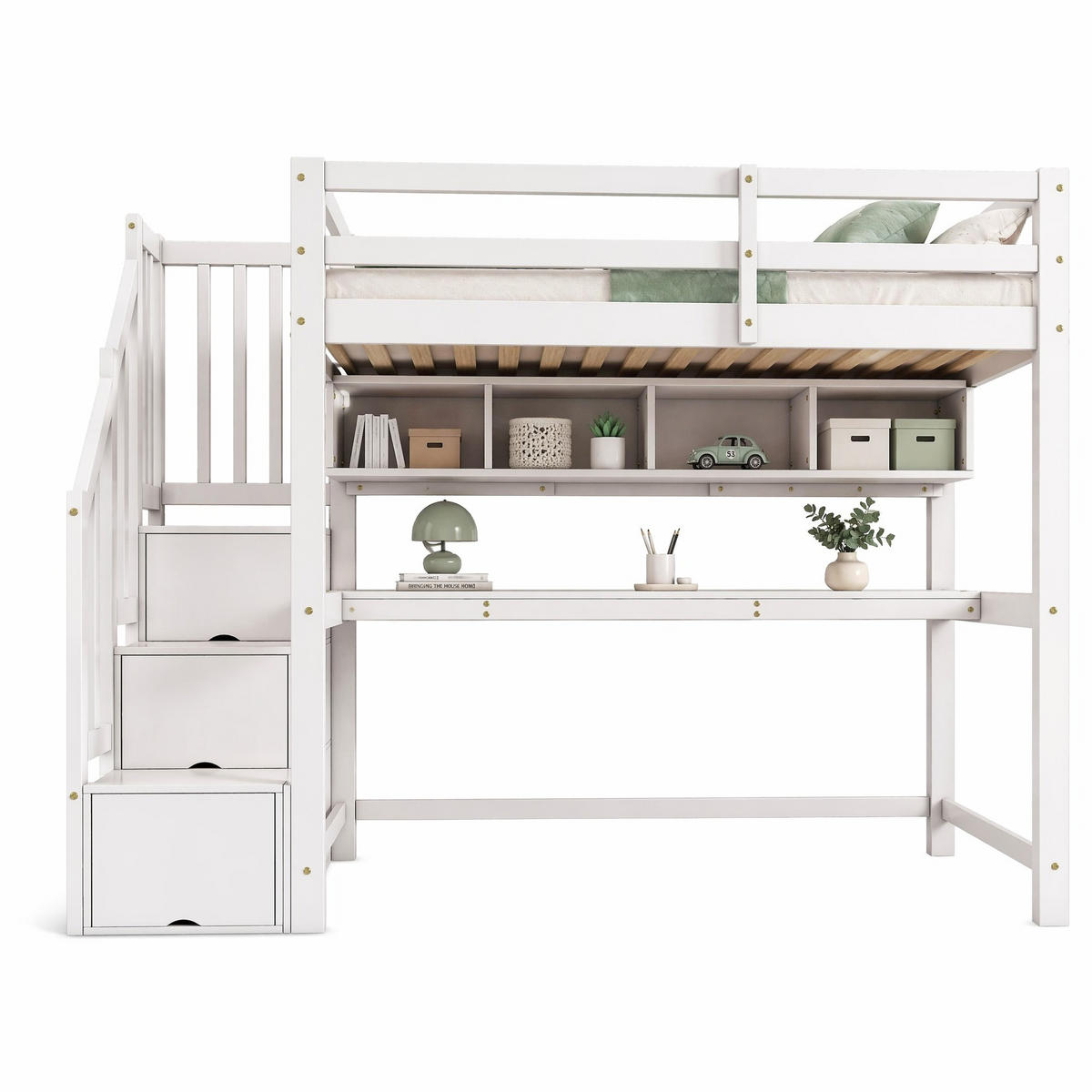 HOCHBETT 90/200 cm in Weiß mit Stauraumtreppe, Schreibtisch und Regal - Weiß, Holz/Holzwerkstoff (90/200cm) - CHICFURN