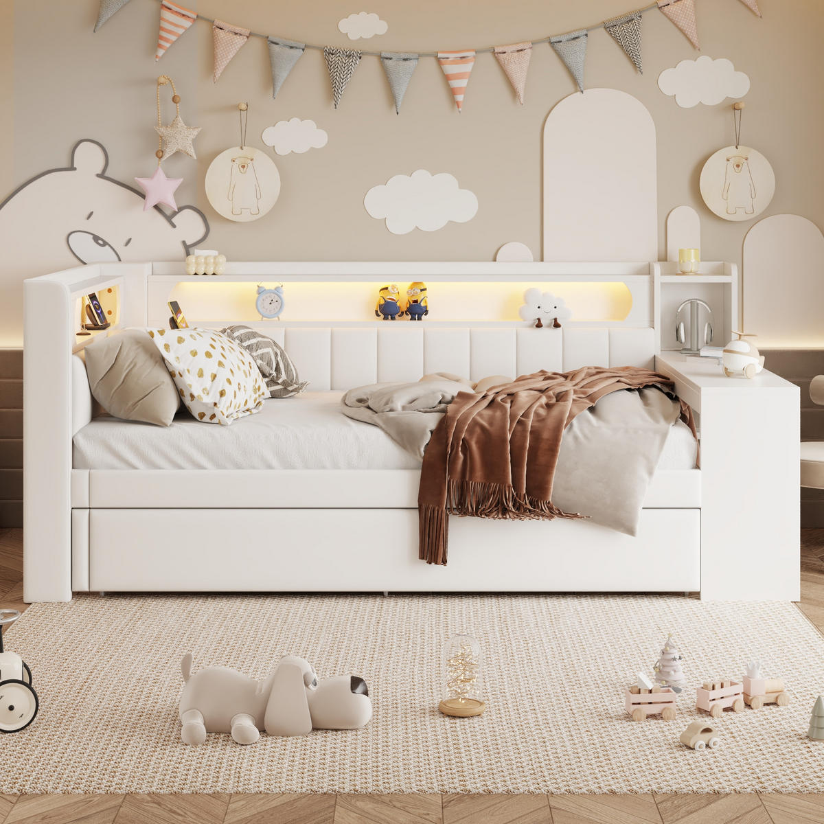 POLSTERBETT 90/200 cm weiß aus MDF mit LED USB Ausziehbett Schreibtisch - Weiß, Holzwerkstoff (90/200cm) - OKWISH