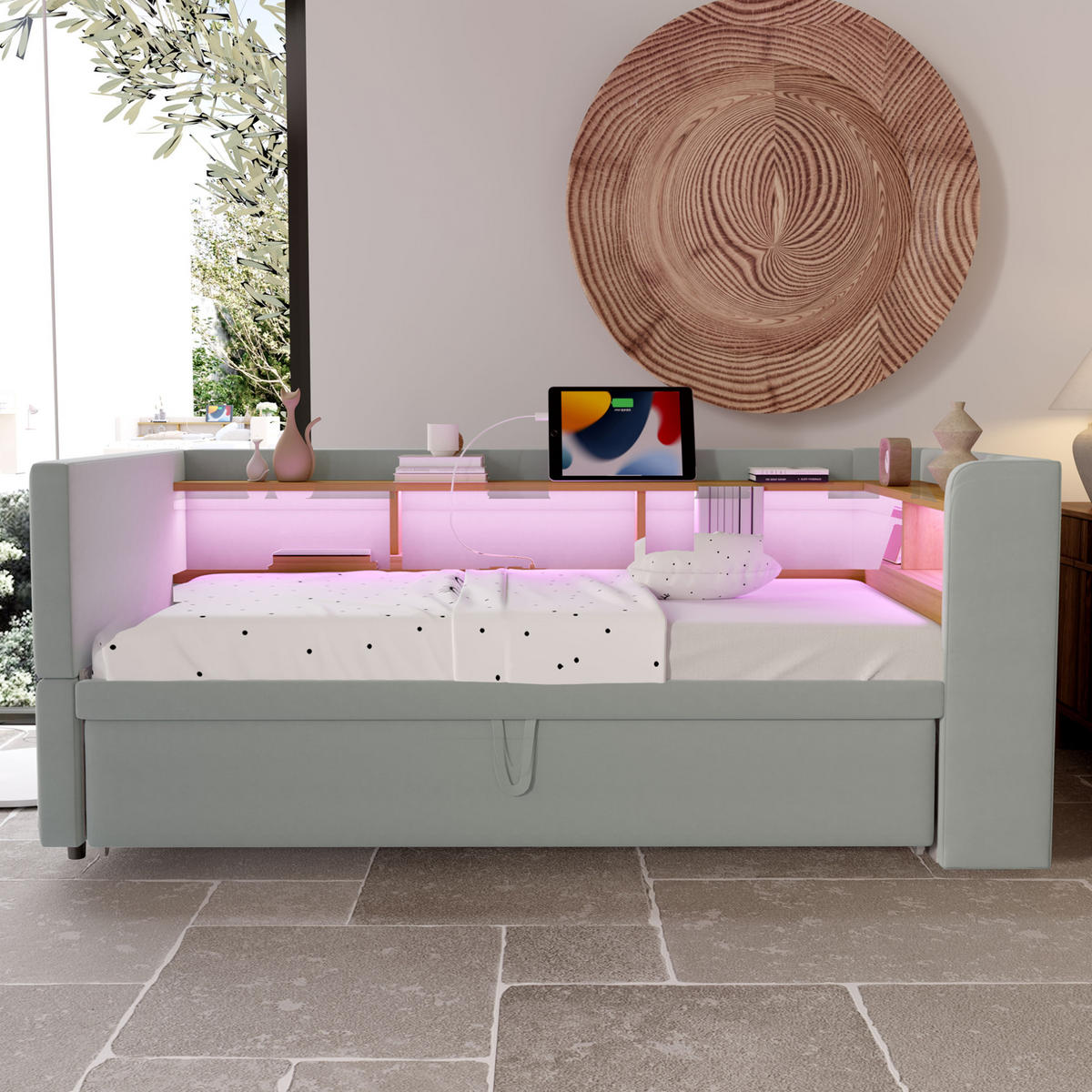 POLSTERBETT 90/180x190 cm aus Flanell mit LED, Steckdosen und Ablagefächern Hellgrau - Hellgrau, Textil (90/190cm) - Modenvie