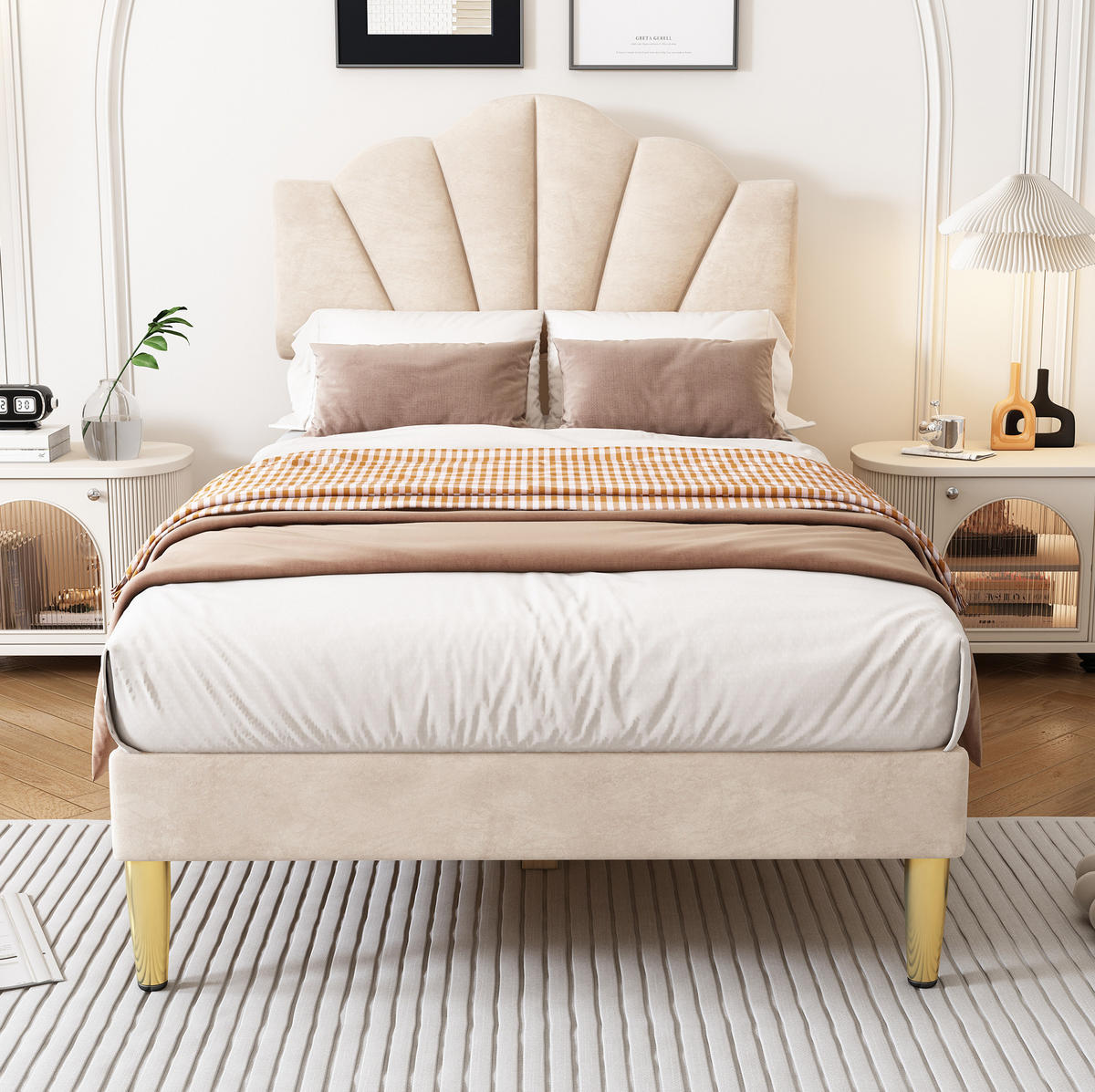 POLSTERBETT 90/200 cm Beige mit muschelartigem Kopfteil und höhenverstellbarem Kopfteil - Beige, Textil (90/200cm) - OKWISH
