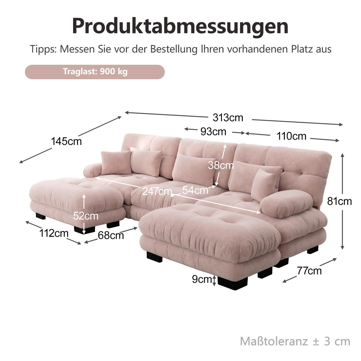 WOHNLANDSCHAFT DE-34065 U-förmig mit Ottoman Rosa - Pink, Holz (145/81/313cm) - ComfortXL