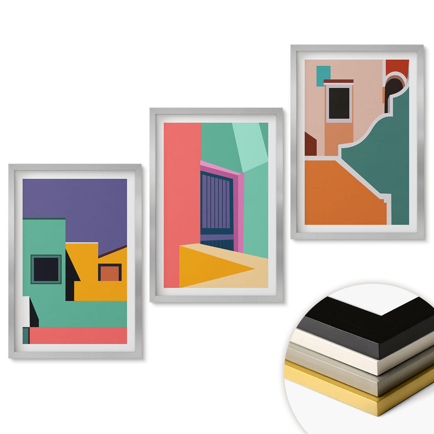 WANDBILDER 3er Set - 40x60 cm Silberner Rahmen - Farbenfrohe Illustrationen der Stadt - Silberfarben, Kunststoff (40/60cm) - ArtPrintCave