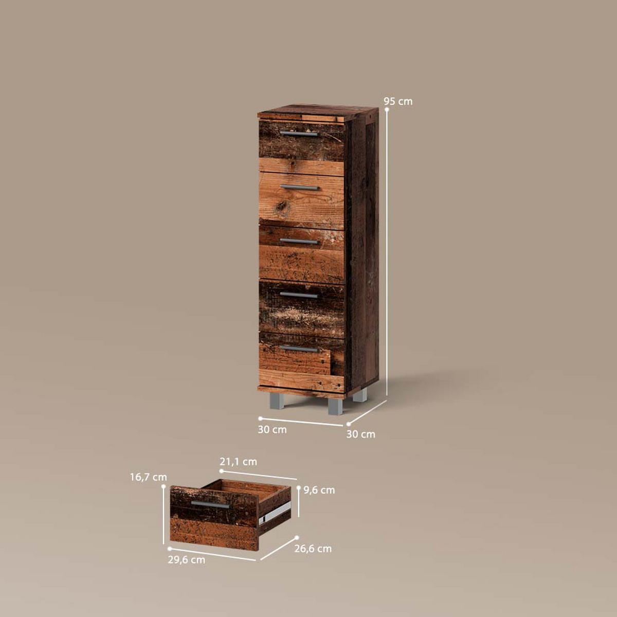 MIDISCHRANK Eisak Eiche rustikal 30 x 95 cm mit 5 Schubladen - Wildeiche, Holzwerkstoff (30/95/30cm) - Livinity®