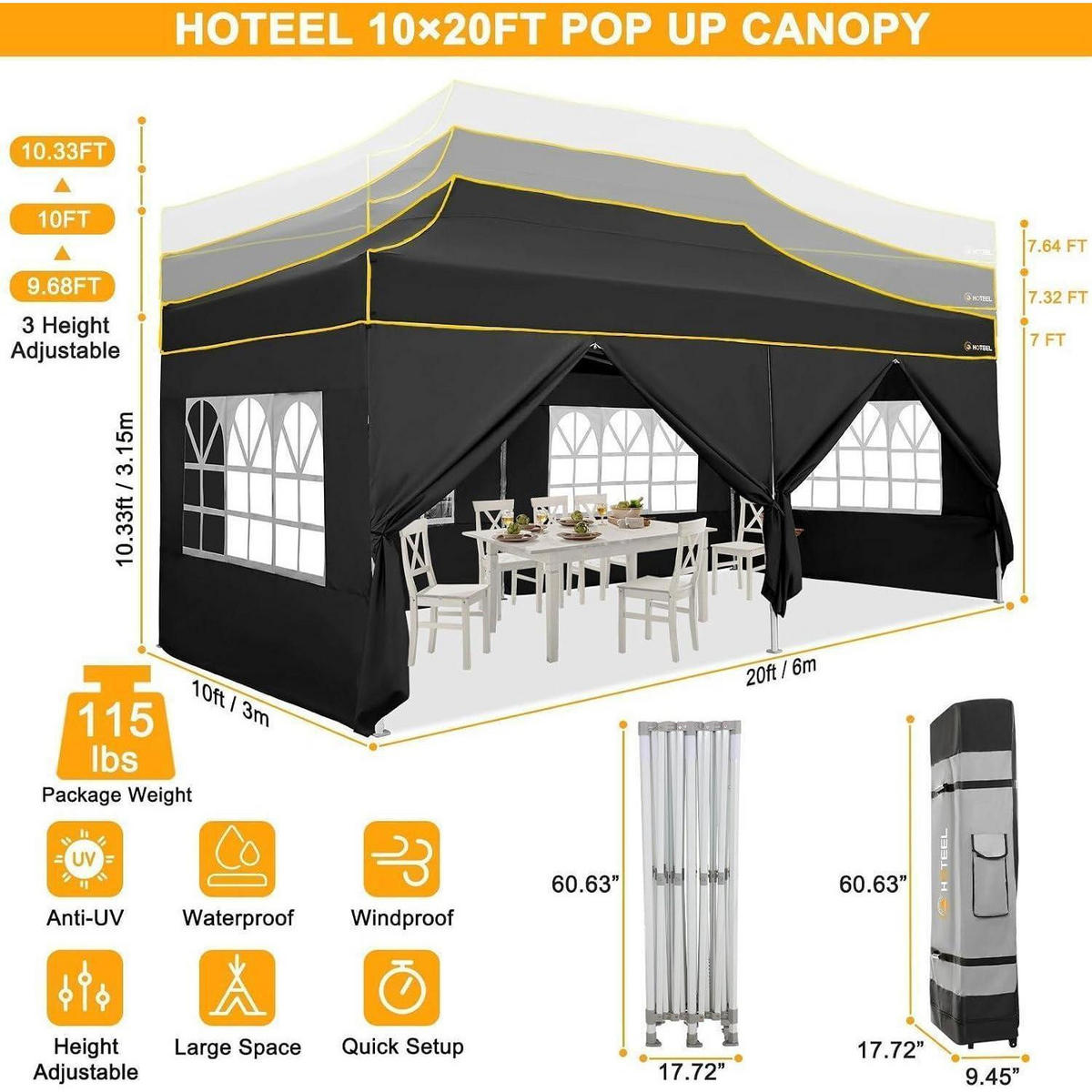 FALTPAVILLON 3x6m Wasserdicht mit 6 Seitenteilen Schwarz - Schwarz, Textil (300/320/600cm)