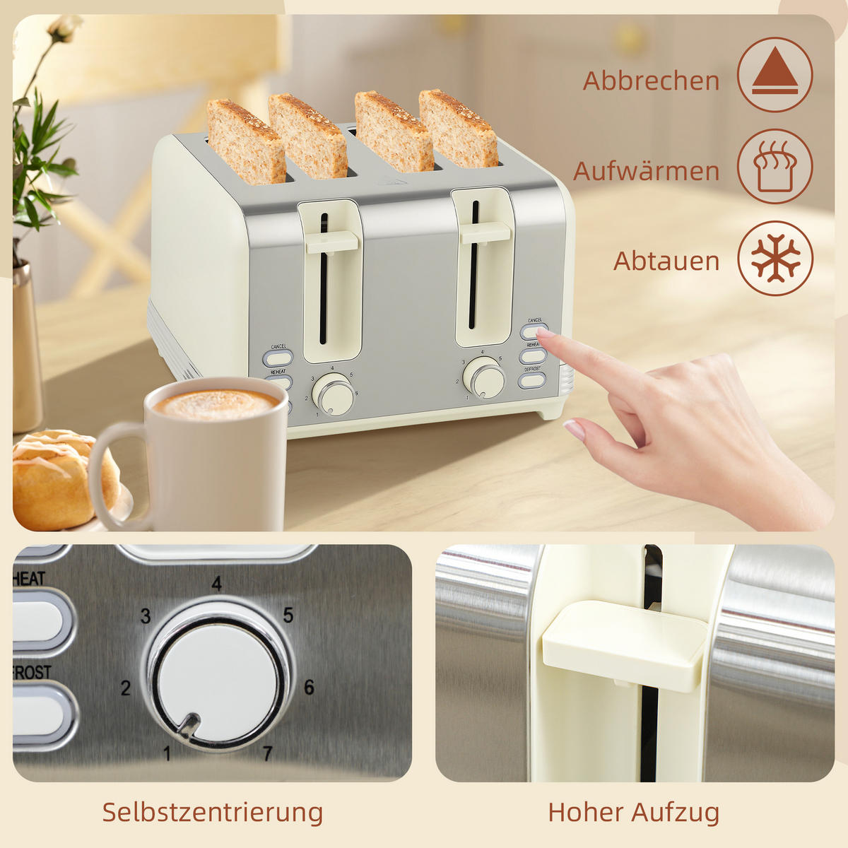 TOASTER mit Wasserkocher DE-07917 Cremeweiß - Creme, Metall (16.5/25.2/21.1cm) - ComfortXL
