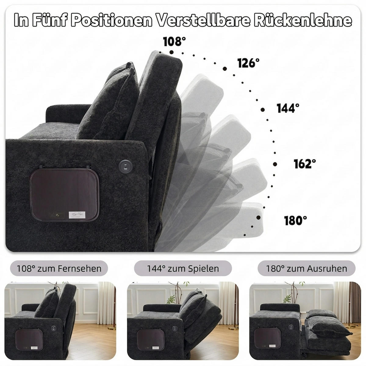 SCHLAFSOFA 172.5/71/95 cm Schwarz mit USB-Anschluss, 5-fach verstellbarer Rückenlehne und Stauraum - Schwarz, Textil (71/95/172.5cm) - Oxeza