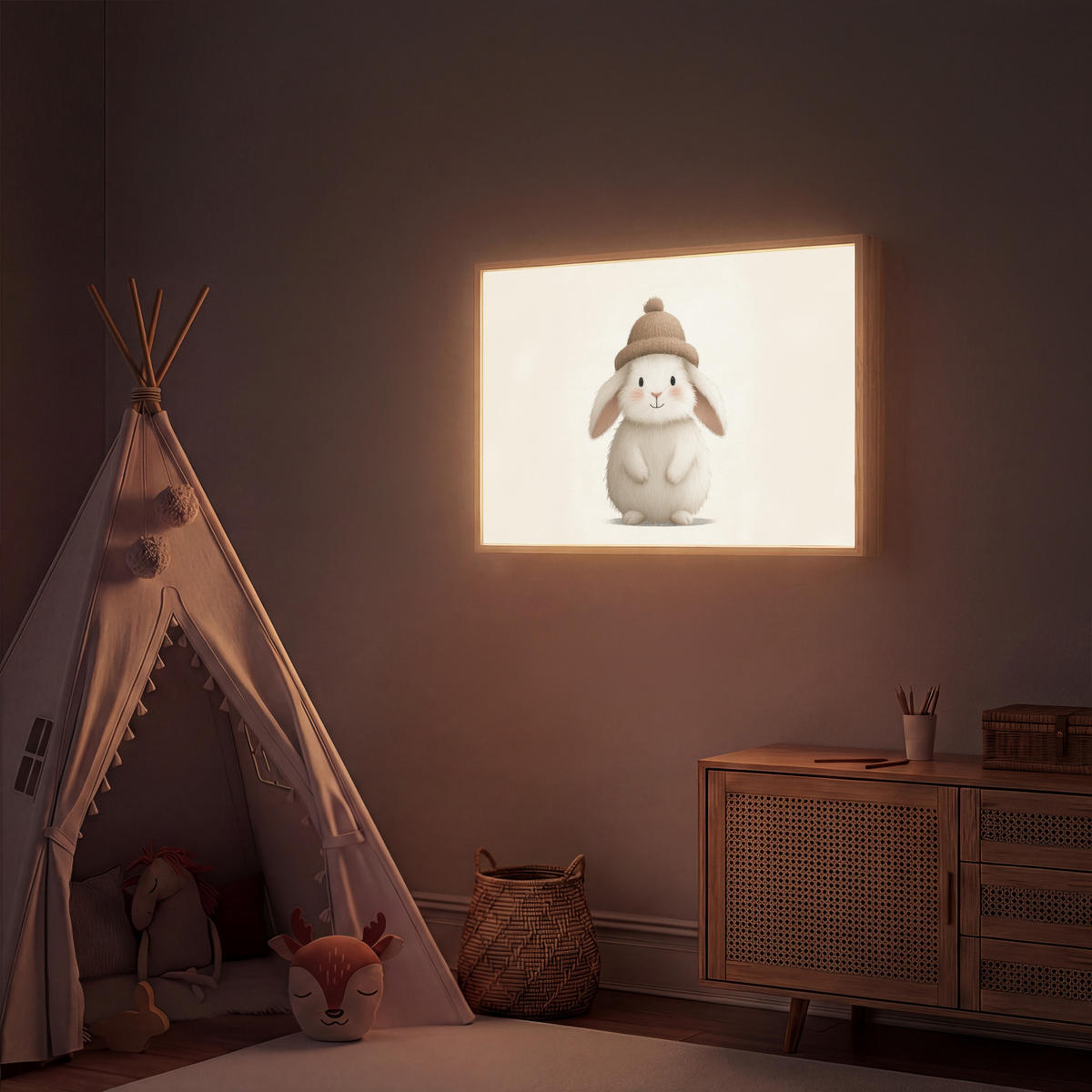 NÁSTĚNNÁ LAMPA S AKUMULÁTOREM Králík - Klobouk - Uši - béžový 100x70 cm - krémová, kompozitní dřevo (100/70/8cm) - OnlyWow