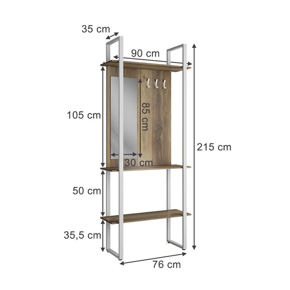 GARDEROBE Livi Weiß 90 x 215 cm mit Hacken und Spiegel - Weiß, Holzwerkstoff (90/215/35cm) - Vicco