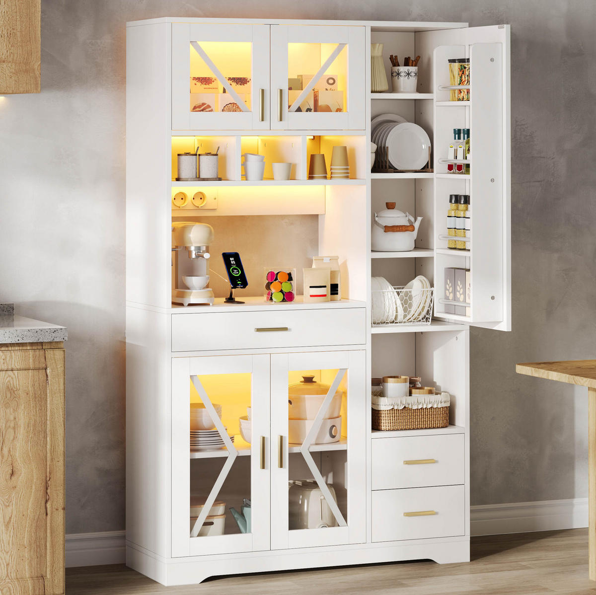 BUFFETSCHRANK mit LED und Steckdosen 105 x 40 x 185 cm Weiß - Weiß, Holzwerkstoff (40/185/105cm) - Meubliv